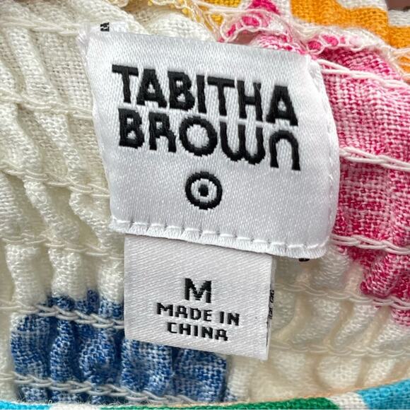 Tabitha Brown Linen Blend Botanical Smocked Puff Sleeve Tiered Dress Size Medium - Picture 7 of 14